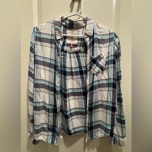 Blue and White Casual Button Down Shirt with Plaid Pattern